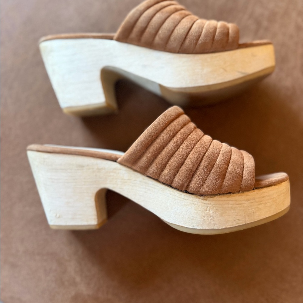 Beklina Caramel Suede Wooden Clog Mule Heels Platform Slides 7